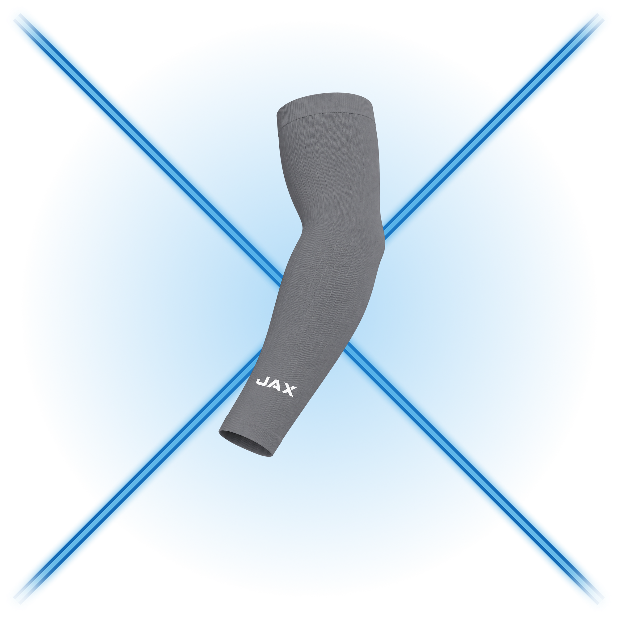 A gray athletic elbow sleeve with a white JAX logo, shown floating against a white background with a blue circular gradient and diagonal cross.